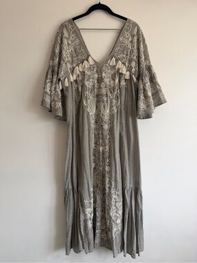Anthropologie Maeve Boho Embroidered Tassel V-Neck Maxi Dress